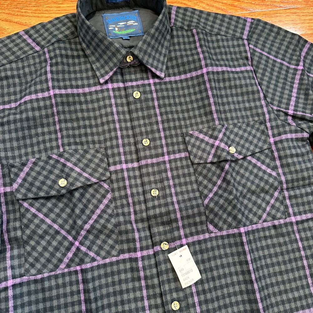 New Vintage Backpacker Flannel Shirt Mens Medium Black Gray Purple Outdoor Check - Picture 2 of 12